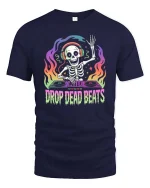 Drop Dead Beats Skeleton DJ Neon Music Graphic t-shirt - navy t-shirt on white background
