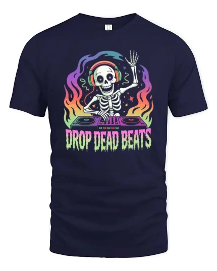 Drop Dead Beats Skeleton DJ Neon Music Graphic t-shirt - navy t-shirt on white background