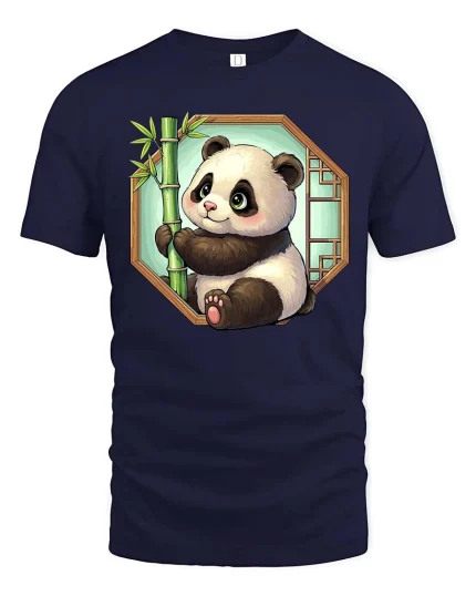 Cute Panda Bamboo Cartoon Graphic t-shirt Soft Premium - navy t-shirt on white background
