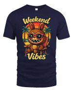 Weekend Vibes Funny Beach Cartoon Character t-shirt Soft - navy t-shirt on white background