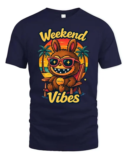 Weekend Vibes Funny Beach Cartoon Character t-shirt Soft - navy t-shirt on white background