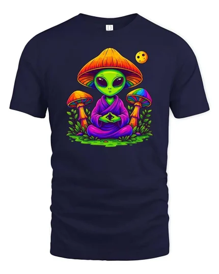 Meditating Alien Mushroom Psychedelic Graphic t-shirt - navy t-shirt on white background