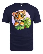 Cute Baby Tiger Jungle Leaves Cartoon Style t-shirt Soft - navy t-shirt on white background