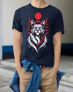 Red Moon Wolf Spirit Graphic t-shirt Premium Feel Style - model wearing navy tee with hands in pockets