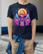 Psychedelic Space Astronaut Neon Galaxy Graphic t-shirt - model wearing navy tee with hands in pockets