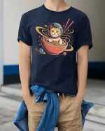 Space Cat Ramen Galaxy Funny Graphic t-shirt Soft Feel - model wearing navy tee with hands in pockets