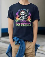 Drop Dead Beats Skeleton DJ Neon Music Graphic t-shirt - model wearing navy tee with hands in pockets
