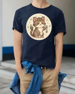 Cute Taurus Cat Zodiac Cartoon Graphic t-shirt Soft Feel - model wearing navy tee with hands in pockets
