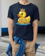 Royal Crown Duck Cute Graphic t-shirt Premium Soft Feel - model wearing navy tee with hands in pockets