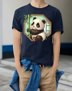 Cute Panda Bamboo Cartoon Graphic t-shirt Soft Premium - model wearing navy tee with hands in pockets