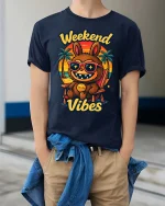 Weekend Vibes Funny Beach Cartoon Character t-shirt Soft - model wearing navy tee with hands in pockets