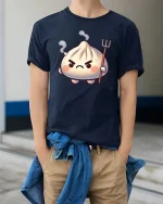 Angry Dumpling Devil Cute Cartoon Graphic t-shirt Soft - model wearing navy tee with hands in pockets