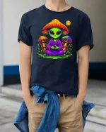 Meditating Alien Mushroom Psychedelic Graphic t-shirt - model wearing navy tee with hands in pockets