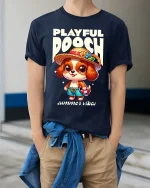 Playful Dog Summer Vibes Cute Cartoon Style t-shirt Soft - model wearing navy tee with hands in pockets