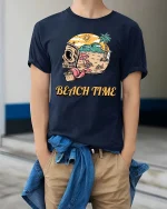 Skull Beach Time Summer Vibes Graphic t-shirt Soft Feel - model wearing navy tee with hands in pockets