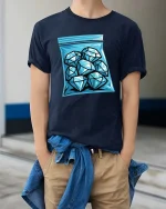 Diamond Ice Bag Graphic Cool Minimal Style t-shirt Soft - model wearing navy tee with hands in pockets
