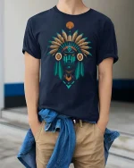 Tribal Chief Feather Headdress Graphic t-shirt Premium - model wearing navy tee with hands in pockets