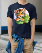 Cute Baby Tiger Jungle Leaves Cartoon Style t-shirt Soft - model wearing navy tee with hands in pockets
