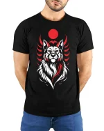 Red Moon Wolf Spirit Graphic t-shirt Premium Feel Style - model wearing black tee with hands behind back
