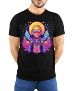 Psychedelic Space Astronaut Neon Galaxy Graphic t-shirt - model wearing black tee with hands behind back