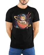Space Cat Ramen Galaxy Funny Graphic t-shirt Soft Feel - model wearing black tee with hands behind back