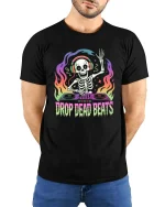 Drop Dead Beats Skeleton DJ Neon Music Graphic t-shirt - model wearing black tee with hands behind back