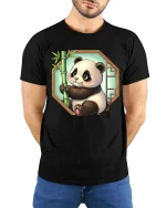 Cute Panda Bamboo Cartoon Graphic t-shirt Soft Premium - model wearing black tee with hands behind back