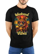 Weekend Vibes Funny Beach Cartoon Character t-shirt Soft - model wearing black tee with hands behind back