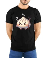 Angry Dumpling Devil Cute Cartoon Graphic t-shirt Soft - model wearing black tee with hands behind back