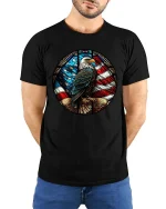 Patriotic Eagle American Flag Stained Glass Style t-shirt - model wearing black tee with hands behind back