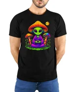 Meditating Alien Mushroom Psychedelic Graphic t-shirt - model wearing black tee with hands behind back