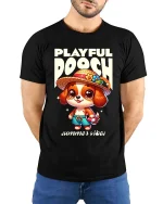 Playful Dog Summer Vibes Cute Cartoon Style t-shirt Soft - model wearing black tee with hands behind back