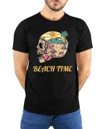 Skull Beach Time Summer Vibes Graphic t-shirt Soft Feel - model wearing black tee with hands behind back