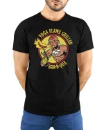 Yoga Flame Grilled BBQ Humor Graphic t-shirt Soft Feel - model wearing black tee with hands behind back