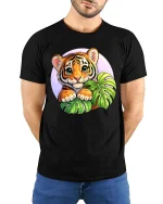 Cute Baby Tiger Jungle Leaves Cartoon Style t-shirt Soft - model wearing black tee with hands behind back