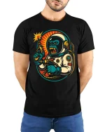 Retro Space Gorilla Laser Gun Graphic t-shirt Premium - model wearing black tee with hands behind back