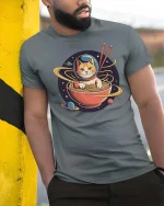 Space Cat Ramen Galaxy Funny Graphic t-shirt Soft Feel - model wearing grey tee, leaning on column