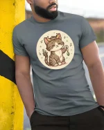 Cute Taurus Cat Zodiac Cartoon Graphic t-shirt Soft Feel - model wearing grey tee, leaning on column