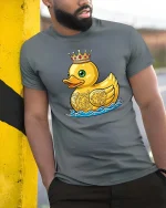 Royal Crown Duck Cute Graphic t-shirt Premium Soft Feel - model wearing grey tee, leaning on column