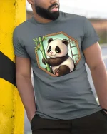 Cute Panda Bamboo Cartoon Graphic t-shirt Soft Premium - model wearing grey tee, leaning on column
