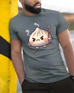 Angry Dumpling Devil Cute Cartoon Graphic t-shirt Soft - model wearing grey tee, leaning on column