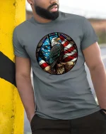 Patriotic Eagle American Flag Stained Glass Style t-shirt - model wearing grey tee, leaning on column