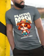 Playful Dog Summer Vibes Cute Cartoon Style t-shirt Soft - model wearing grey tee, leaning on column