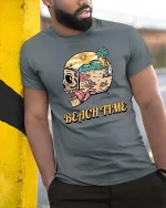 Skull Beach Time Summer Vibes Graphic t-shirt Soft Feel - model wearing grey tee, leaning on column