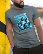 Diamond Ice Bag Graphic Cool Minimal Style t-shirt Soft - model wearing grey tee, leaning on column