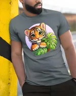 Cute Baby Tiger Jungle Leaves Cartoon Style t-shirt Soft - model wearing grey tee, leaning on column