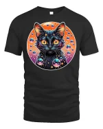 Cosmic Neon Black Cat Bubble Galaxy Graphic Art Tshirt - black t-shirt on white background