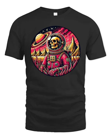Retro Space Skull Astronaut Cosmic Galaxy Graphic Art Tshirt - black t-shirt on white background