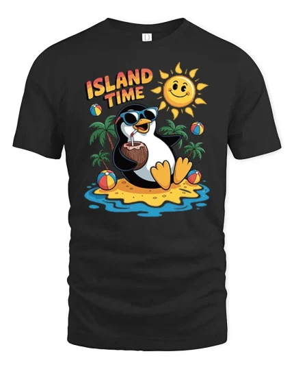 Island Time Penguin Summer Vacation Funny Graphic Tshirt - black t-shirt on white background