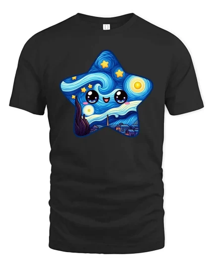 Cute Starry Night Kawaii Art Happy Star Graphic Tshirt - black t-shirt on white background